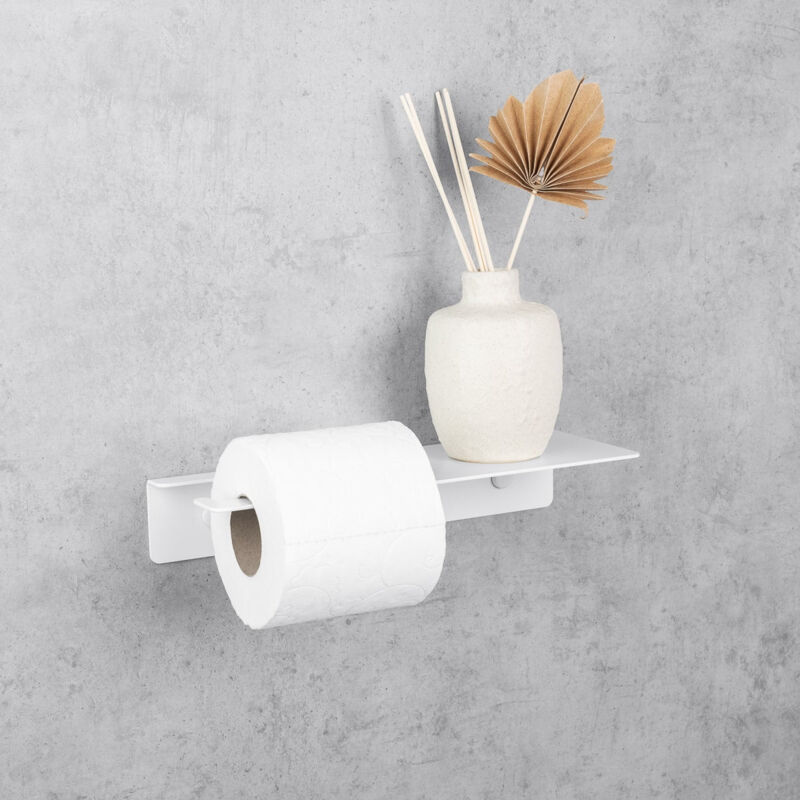 Porte-Papier Toilette avec Étagère, Inox, Blanc, Droite, base line - Daske