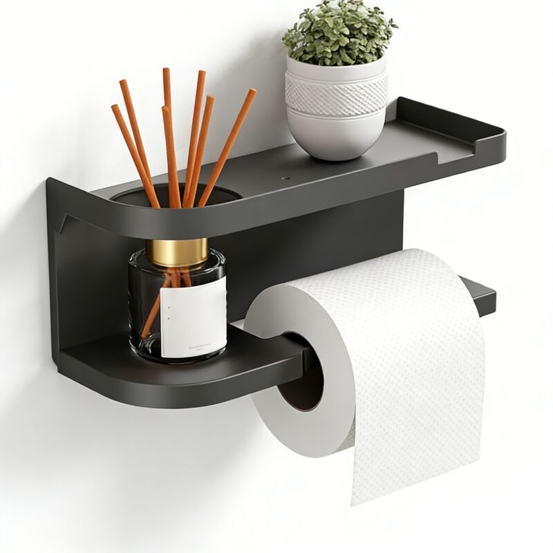 Porte-papier toilette avec étagère, organisateur de salle de bain, sans perçage, pour salle de bain, toilettes, cuisine (gris)