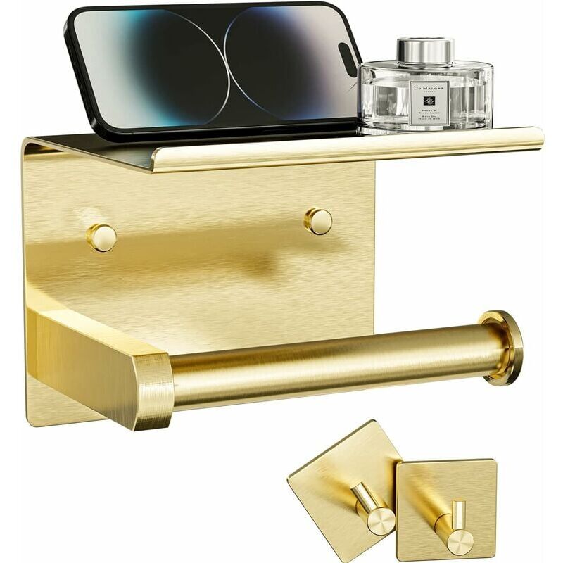 Porte-papier toilette avec étagère pour téléphone + crochets pour peignoirs, adhésif ou vis, rangement mural pour rouleaux de papier toilette,