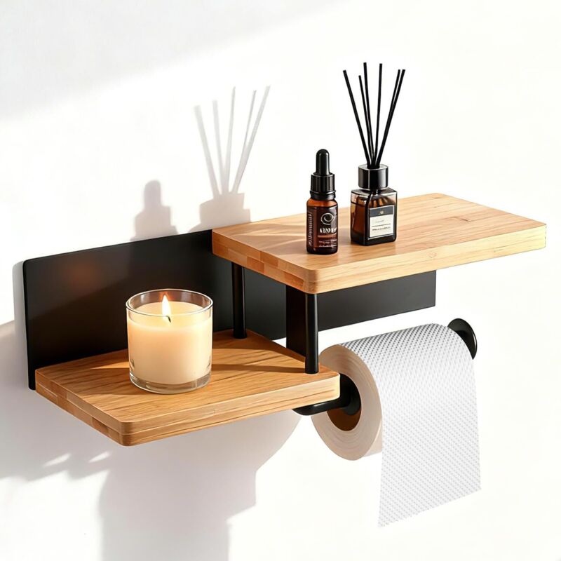 Porte Papier Toilette avec étagère Pratique, Support Papier Toilette Mural en métal et Bambou Durable, dérouleur Papier Toilette Stable avec Montage