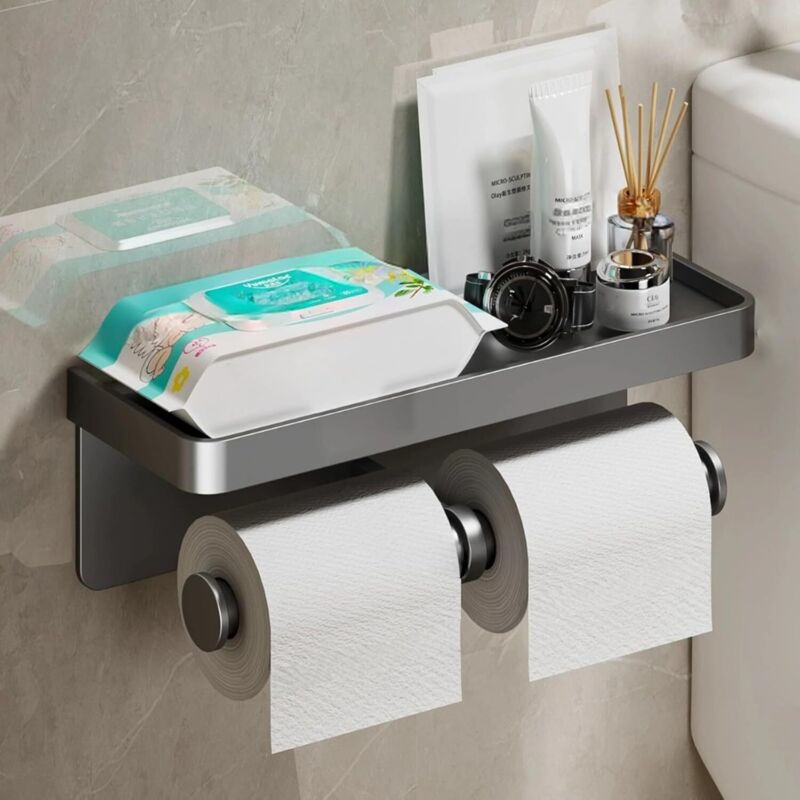 Porte-papier toilette avec étagère, support mural pour rouleau de papier toilette double, support mural en aluminium pour salle de bain et cuisine
