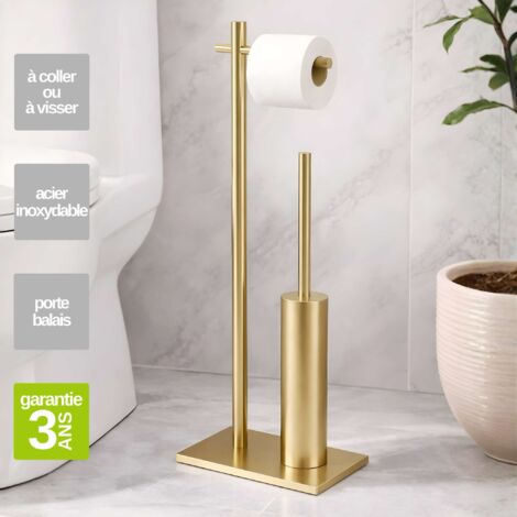 Porte papier toilette avec Porte-balai WC intégré - acier inoxydable S.304 or brossé - Fixation Collée ou Vissée