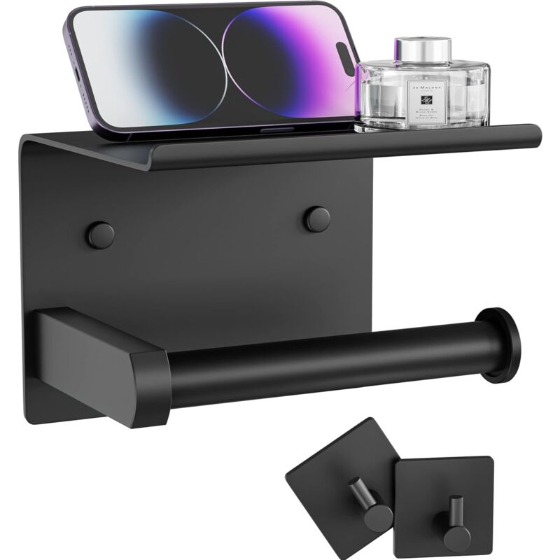 Yuit - Porte-papier toilette avec étagère pour téléphone + crochets pour peignoir, adhésif ou vis, distributeur de papier toilette mural,