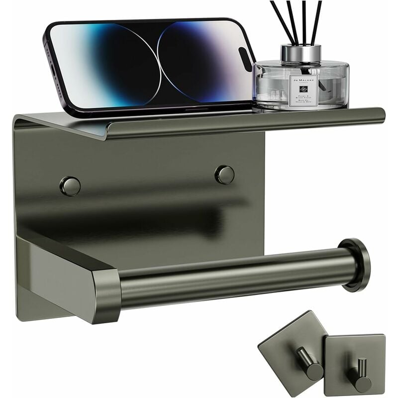 Porte-papier toilette avec étagère pour téléphone + crochets pour peignoirs, adhésif ou vis, rangement mural pour rouleaux de papier toilette,
