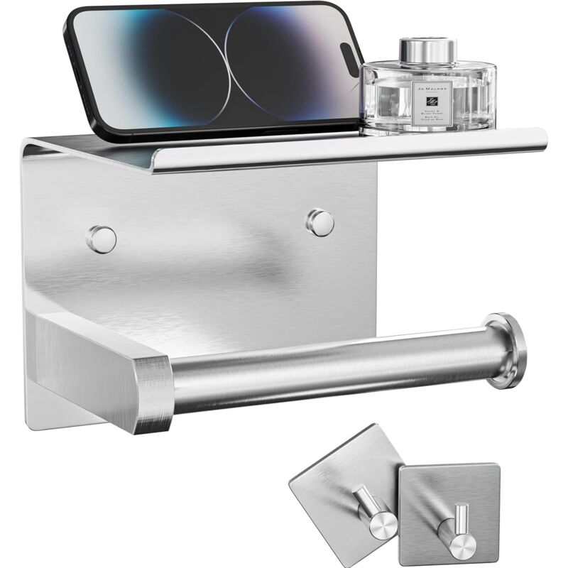 Porte-papier toilette avec étagère pour téléphone + crochets pour peignoirs, adhésif ou vis, rangement mural pour rouleaux de papier toilette,