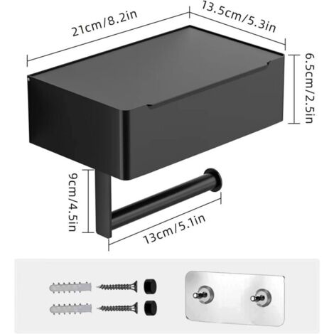 Porte-papier toilette, boîte à lingettes noir mat, boîte de rangement, porte-rouleau de papier toilette mural en acier inoxydable pour salle de bain, cuisine (autocollant ou percé)