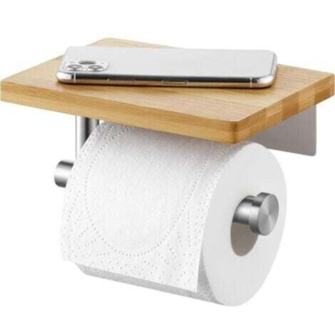 Porte-Papier Toilette (Brossé)avec étagère en Bambou Support Mural pour Papier Toilette pour Salle de Bain Acier Inoxydable