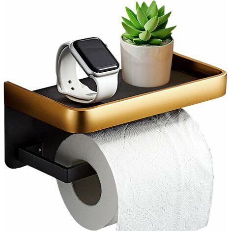 Porte Papier Toilette, Derouleur Papier Toilette Adhesif avec Tablette, 2 Méthodes de Montage (Autocollant ou Perçage), Support Papier Toilette Mural pour Salle de Bain et Cuisine