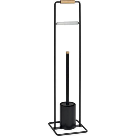 Porte papier toilette design métal noir et bois avec balayette - noir mat et bois naturel