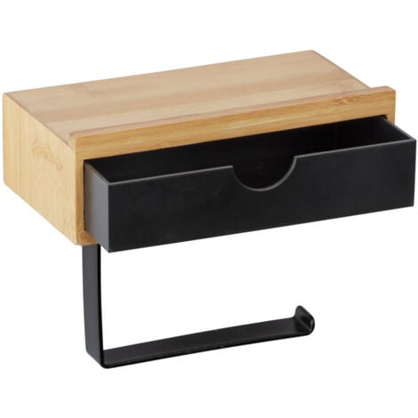 Porte Papier Toilette en bambou avec Support Smartphone et tiroir de rangement Bambusa WENKO, Sans perçage, Design Loft, 18,5x14x10,5cm, Noir et bois