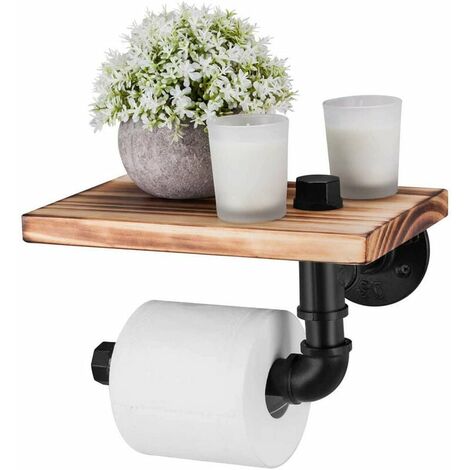 Porte-papier toilette Étagère murale décorative - Style industriel - Tuyau en acier - Avec étagère en bois pour décoration de salle de bain