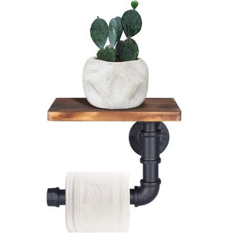 Porte-papier toilette Étagère murale décorative - Style industriel - Tuyau en acier - Avec étagère en bois pour décoration de salle de bain