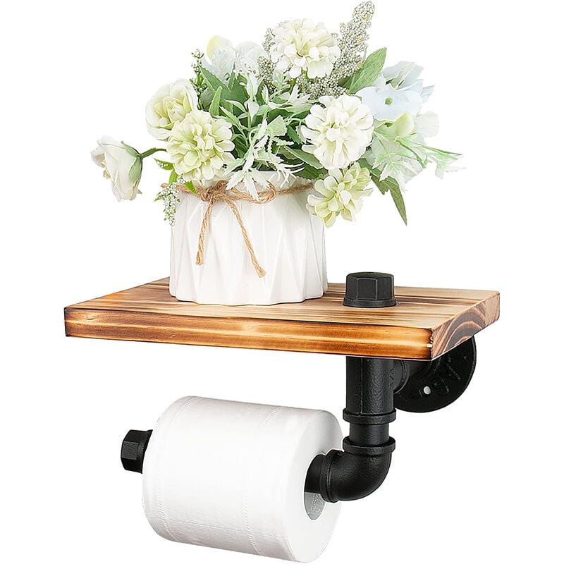 Rnemitery - Porte-papier toilette industriel avec cadre en bois et tuyau en fonte - porte-papier toilette mural rustique - porte-papier toilette de