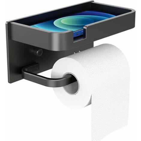 Porte Papier Toilette Mural Adhesif, Withosent Porte Rouleau Papier Toilette WC avec Tablette, Aluminium Derouleur Papier Toilette Mural Noir sans Percage pour Salle de Bain，une pièce，Fonepro
