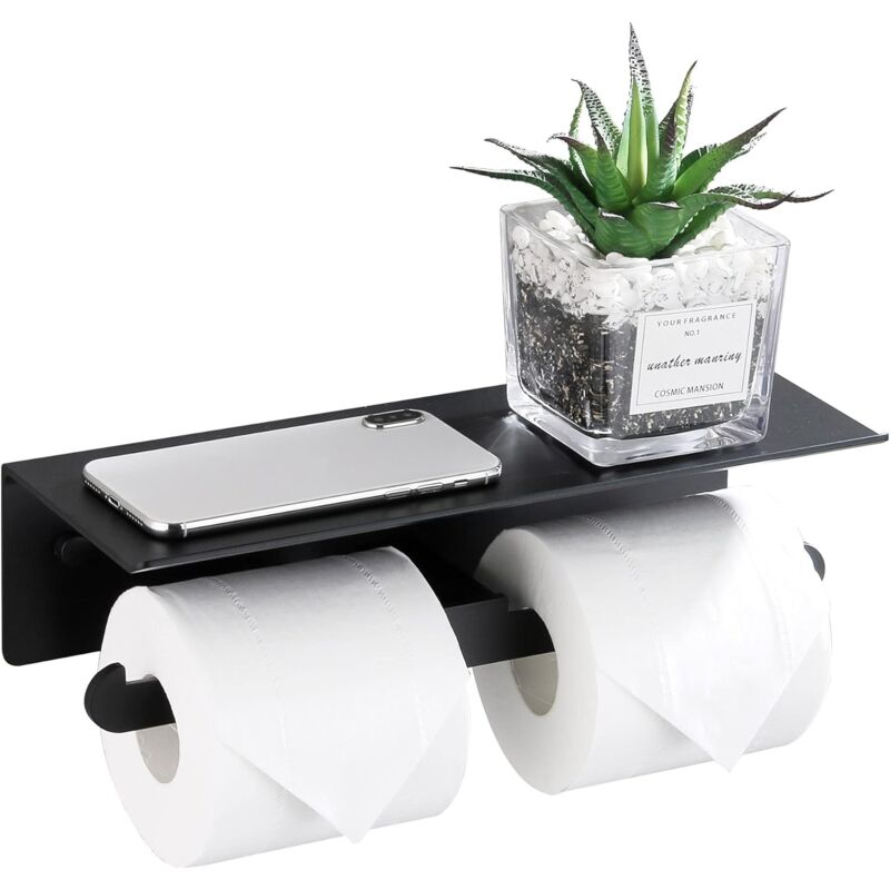 Porte Papier Toilette Mural Aluminium Double Support Hygiénique Rouleau avec Plateforme de Rangement sans Perçage avec Protection de Bord et