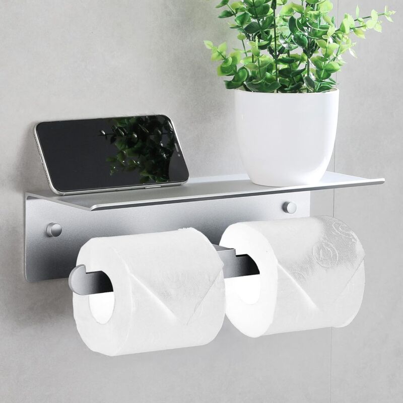 Porte Papier Toilette Mural Aluminium Double Support Hygiénique Rouleau avec Plateforme de Rangement sans Perçage avec Protection de Bord et