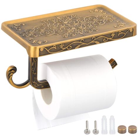 Porte-Papier Toilette Mural avec Étagère et Support Rouleau en Aluminium Rétro Vintage Doré