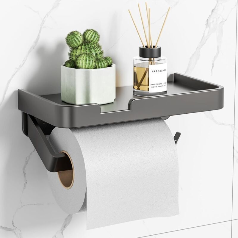 Porte Papier Toilette Mural avec Tablette, Support Papier Toilette à Fixation Adhésive Ou à Visser - Gris Mat