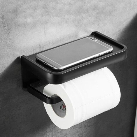 Porte-papier toilette mural en aluminium noir avec étagère de rangement – 1 pièce