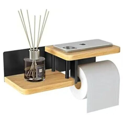 Porte-papier toilette mural en bambou [Sans perçage] Porte-papier toilette de haute qualité avec étagères, noir