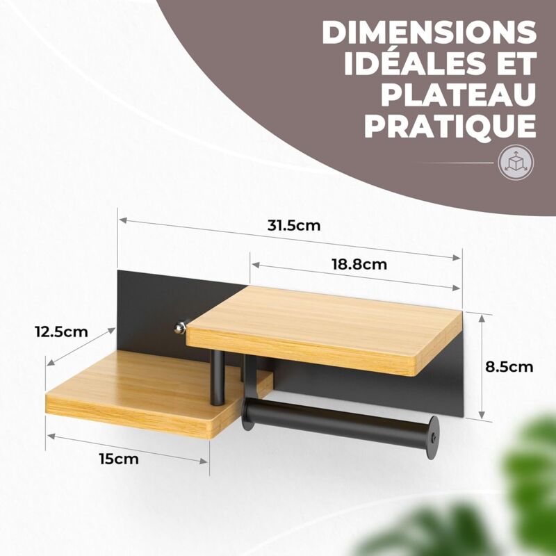 Porte Papier Toilette Mural en Bois de Bambou [sans PERCAGE] Derouleur Papier Toilette de Haute qualité avec étagères Noir Porte Rouleaux de Papier