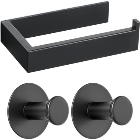 Porte Papier Toilette Mural et 2 Pièces Crochet Adhésif, Support Papier Toilette et Crochet en 304 Acier Inoxydable, Patère sans Perçage Salle de Bain, Noir Mat