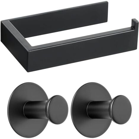 Porte Papier Toilette Mural et 2 Pièces Crochet Adhésif, Support Papier Toilette et Crochet en 304 Acier Inoxydable, Patère sans Perçage Salle de Bain, Noir Mat