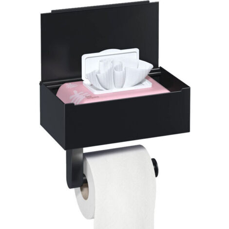 Porte Papier Toilette Mural, Porte Papier Toilette sans Perçage avec Étagères et Boîte à Lingettes Humides, Noir Porte Rouleau Papier Toilette Auto-adhésif pour Toilettes et Cuisines
