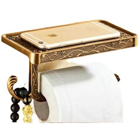Porte-papier toilette mural rétro vintage en aluminium doré avec étagère et porte-rouleau