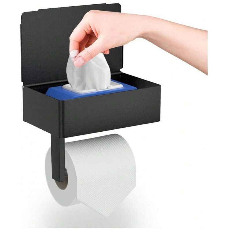 Porte-papier toilette mural sans perçage, avec étagère et distributeur de lingettes humides, noir, pour salle de bain et cuisine