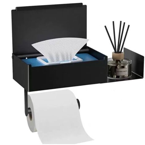 Porte Papier Toilette Mural Support Papier Toilette Adhesif, Derouleur Papier Toilette Murale sans Percage avec Rangement Acier, Inoxydable Anti-Empreintes Digitales Porte Spacieuses Noir