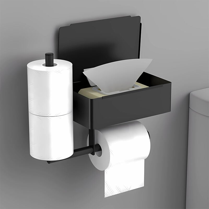 Petites Ecrevisses - Porte Papier Toilette Mural Support Papier Toilette sans Perçage en Inox avec 2 Porte Rouleau et Boîte à Lingettes Humides Noir