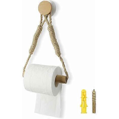 Porte-papier toilette mural vintage en bois et corde de chanvre, idéal pour décorer cuisines et salles de bains (bois massif et corde de chanvre, deux fixations incluses).