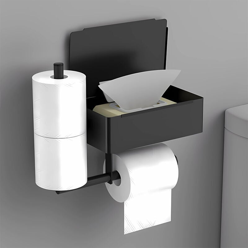 Porte Papier Toilette Noir Mural Support Papier Toilette sans Perçage en Inox avec 2 Porte Rouleau et Boîte à Lingettes Humides