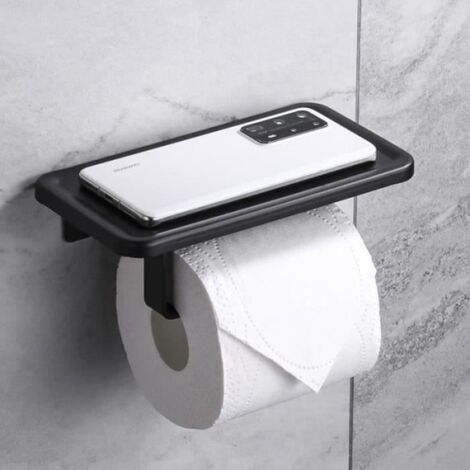 Porte Papier Toilette Porte-Rouleau sans Perçage avec étagère Porte-Rouleau Aluminium Auto-adhésif ou Fixation Murale Noir
