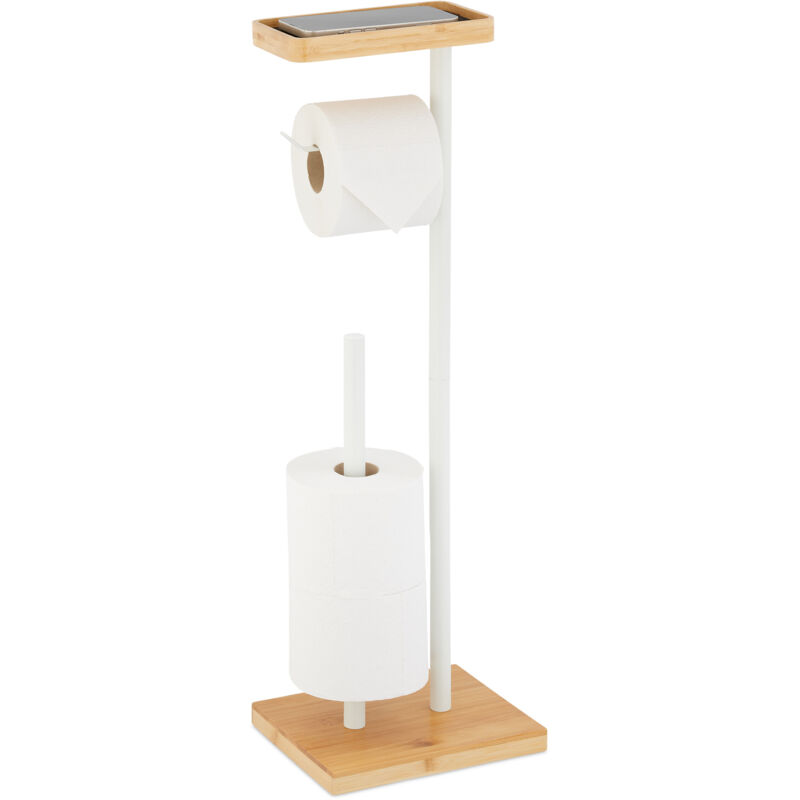 Support pour votre papier toilette, bambou et métal, 66,5 x 31 x 17 cm, pour la salle de bain, blanc et nature - Relaxdays