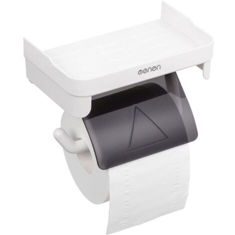 Porte Papier Toilette sans Percage, Derouleur Papier Toilette avec Etagere de Rangement, Porte Rouleau Papier Toilette Adhesif, Support Papier Toilette Mural, Blanc Matériau ABS
