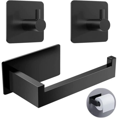 Porte-papier toilette sans perçage, noir, avec 2 crochets porte-serviettes, en acier inoxydable auto-adhésif, pour la cuisine et la salle de bain.