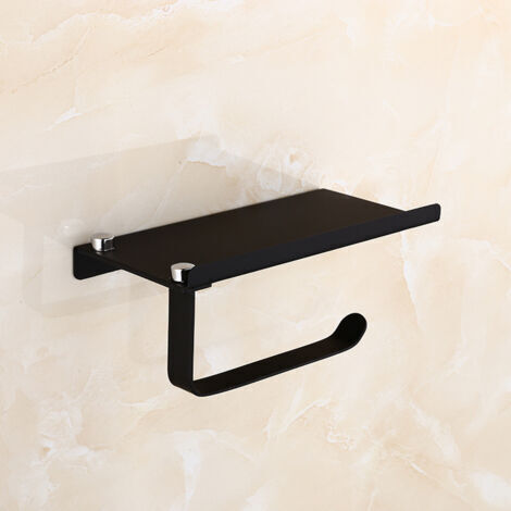 Porte-Papier Toilette Support Mural en Aluminium (Perforé/Non perforé) Porte-Rouleau avec étagères Spacieuses,Support Mural pour Papier Toilette pour Toilettes et Cuisines(Noir) H515