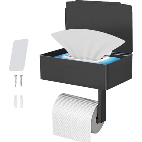 Porte Papier Toilette Support Mural en Noir, Acier Inoxydable Porte Rouleau avec étagères Spacieuses, Support Mural pour Papier Toilette pour Toilettes et Cuisines
