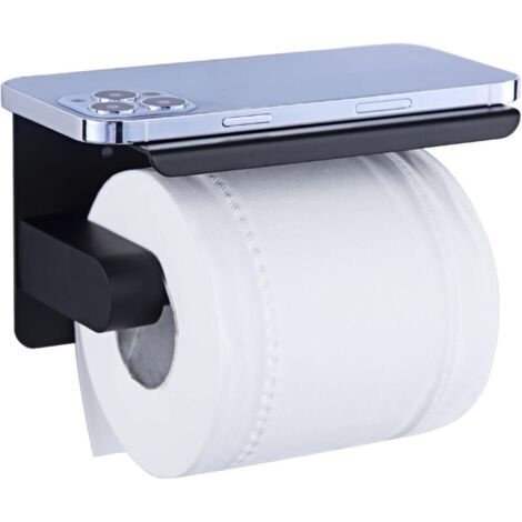 Porte Papier Toilette, Support Papier Rouleau sans Percage Derouleur Papier WC,Distributeur Papier avec Tablette, Acier INOX SUS 304, Colle Auto-adhésive et Mural pour Salle de Bain (Noir)