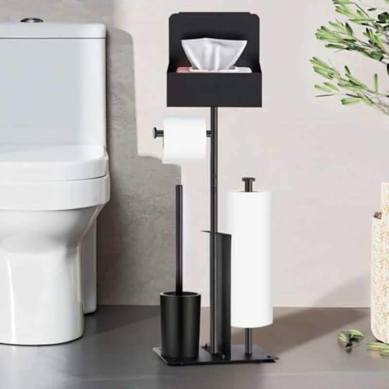 Porte-papier toilette sur pied avec brosse intégrée - Ensemble en acier inoxydable noir comprenant un porte-papier toilette et une brosse,