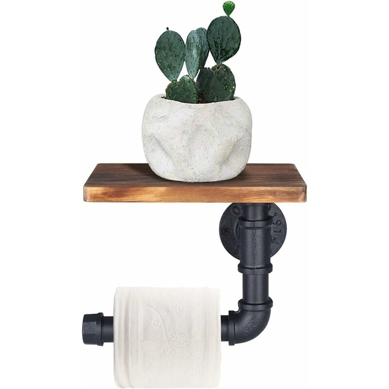 Porte-papier toilette Étagère murale décorative - Style industriel - Tuyau en acier - Avec étagère en bois pour décoration de salle de bain