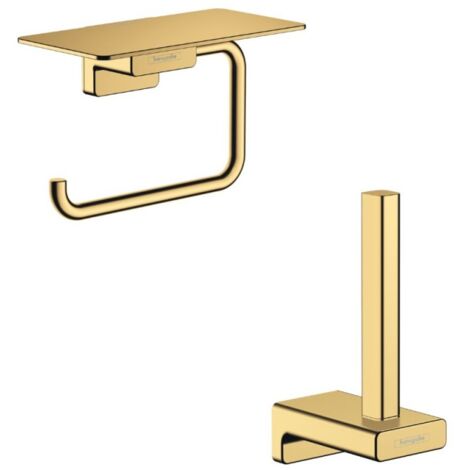 Porte-papier WC avec tablette aspect doré poli Hansgrohe AddStoris + Réserve porte-papier aspect doré poli