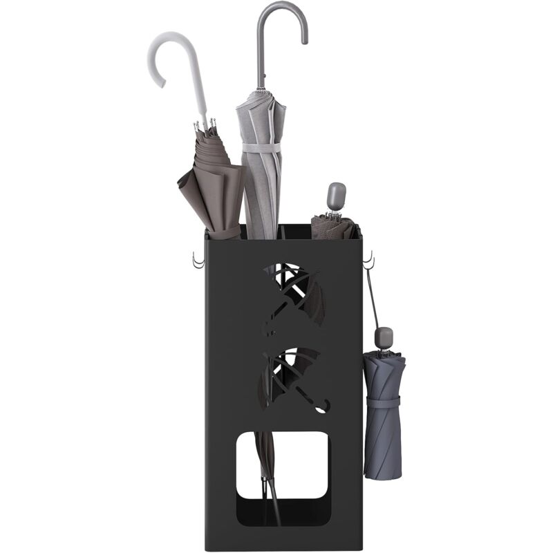 Porte-Parapluie avec 4 Crochets WOLTU, Porte-Parapluie avec 2 Zones Séparées, en Métal Antirouille, Noir