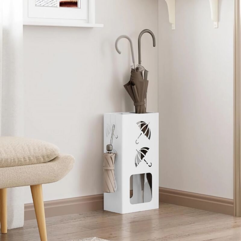 Porte-Parapluie avec 4 Crochets Woltu Porte-Parapluie avec 2 Zones Séparées, en Métal Antirouille, Blanc