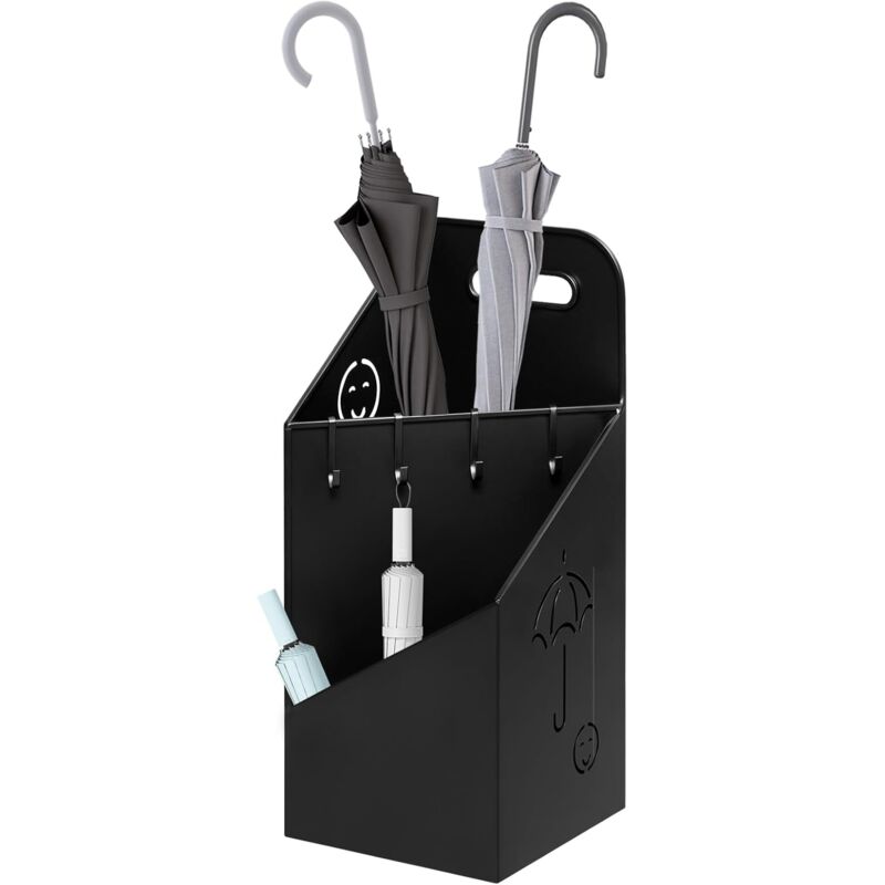 Porte-Parapluie avec 4 Crochets WOLTU, Porte-Parapluie avec 2 Zones Séparées en Métal Antirouille, Noir
