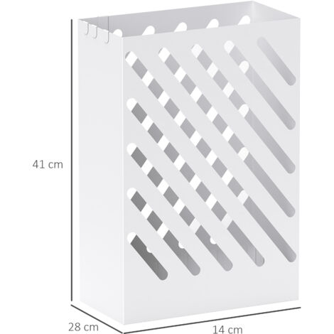Porte-parapluie avec bac égouttoir, 4 crochets, acier, 28 cm (L) x 14 cm (l) x 41 cm (H), blanc