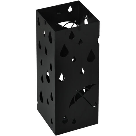 Porte-parapluie en métal avec 4 crochets et bac égouttoir, 15,5 x 15,5 x 41 cm, noir