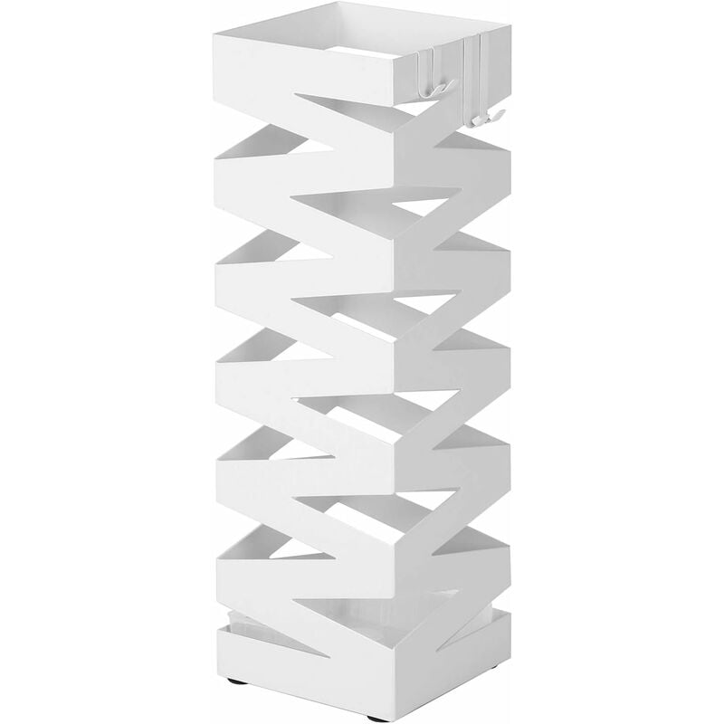 Porte-parapluie en métal, carré, support pour parapluies, avec un plateau et des crochets, 49 x 15,5 x 15,5 cm, blanc